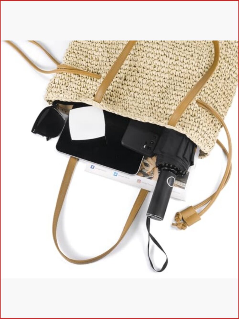 Hand Woven Straw Tote, Adjustable Drawstring Beach Bag, Summer Vacation - Picture 6 of 7